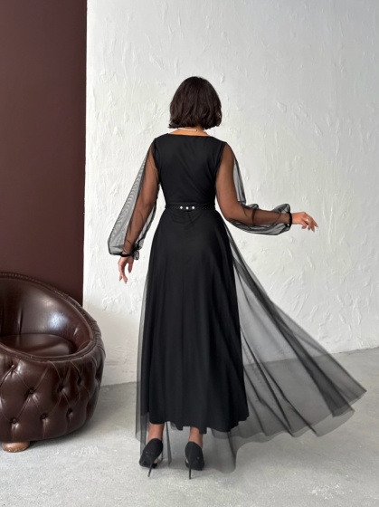 Rochie lunga din tull cu accesoriu in talie - Img 2