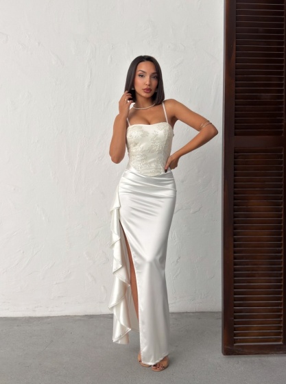 Rochie lunga eleganta din satin cu bust brodat si paiete - Img 4