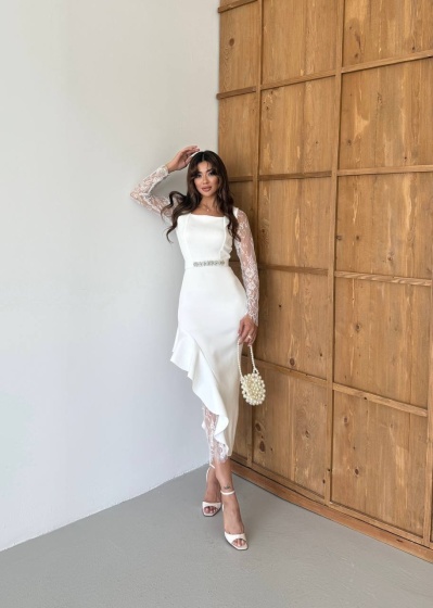 Rochie midi eleganta cu dantelă și detalii volan - Img 4