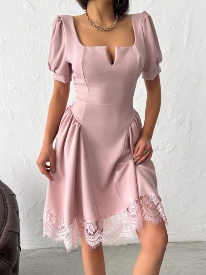 Rochie scurtă cu garnitura din dantela si funda la spate - Img 3