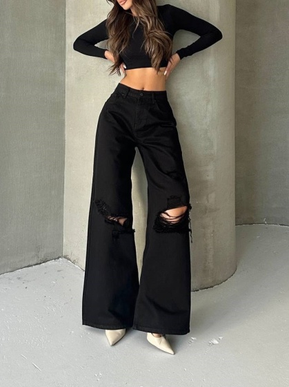 Blugi cu rupturi cu croi larg - Img 1