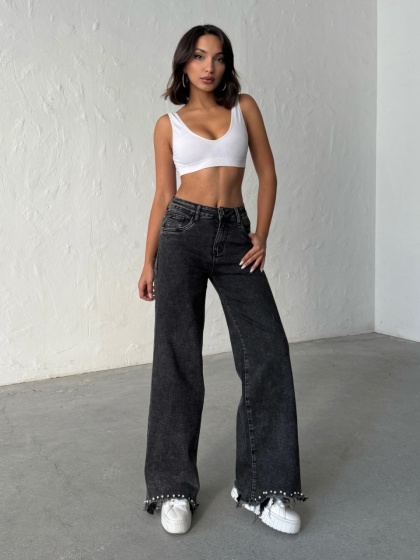 Blugi evazati elastici accesorizati cu perle la tiv - Img 5