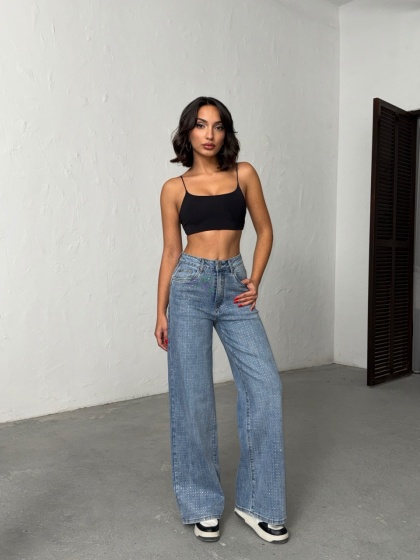 Blugi evazati elastici accesorizati cu strasuri - Img 7