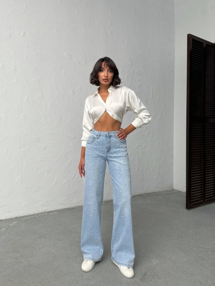 Blugi evazati elastici cu perle - Img 5