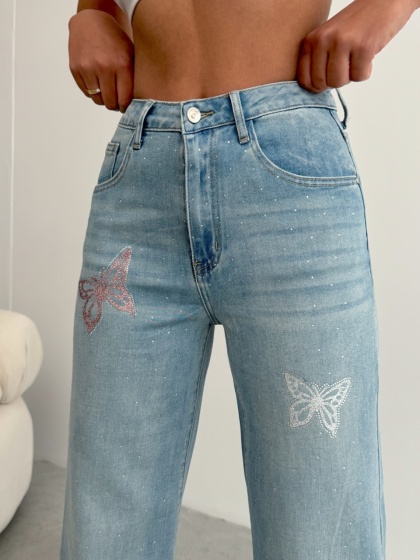 Blugi evazati elastici strasuri si design fluturi - Img 4