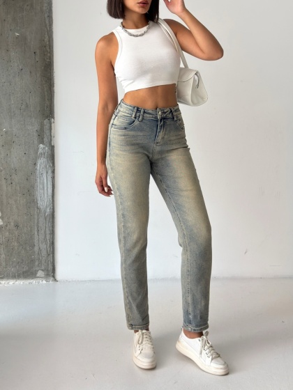 Blugi Mom Fit elastici cu aspect vintage