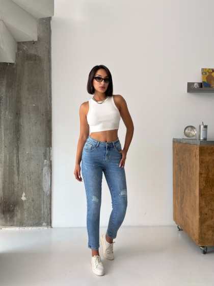 Blugi mom fit elastici cu rupturi și efect de stropi de vopsea - Img 7