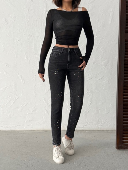 Blugi mom fit elastici cu stropi de vopsea - Img 4