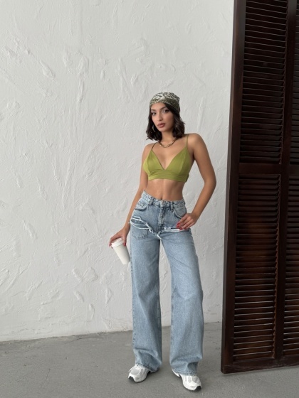 Blugi wide leg cu abraziuni în față, în zona buzunarelor - Img 8