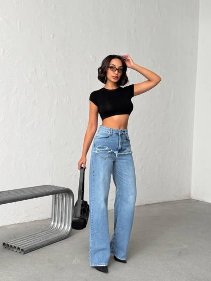 Blugi wide leg cu abraziuni în față, în zona buzunarelor - Img 7