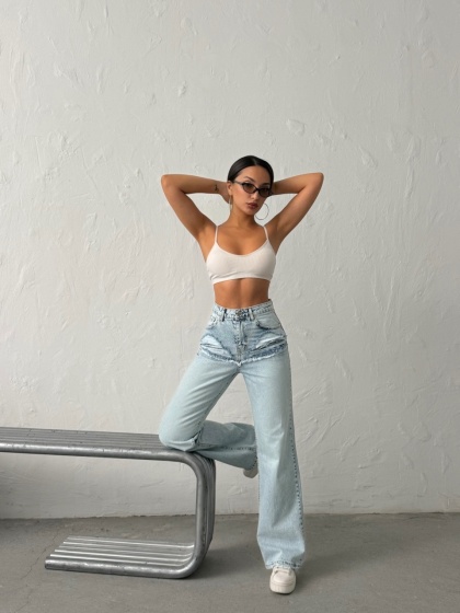 Blugi wide leg cu abraziuni în față, în zona buzunarelor - Img 7