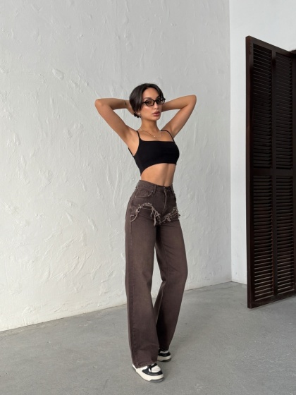 Blugi wide leg cu abraziuni în față - Img 9