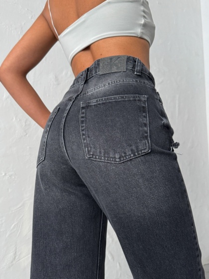 Blugi wide leg cu abraziuni în față - Img 2