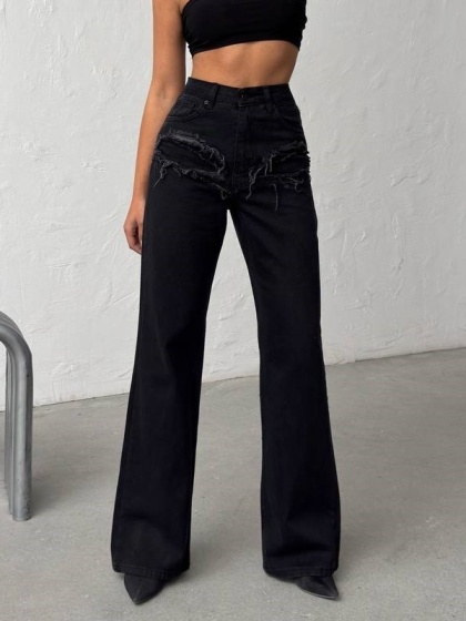 Blugi wide leg cu abraziuni în față