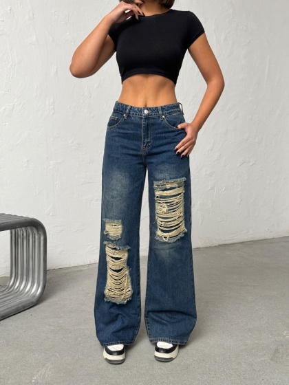 Blugi wide leg cu abraziuni - Img 2