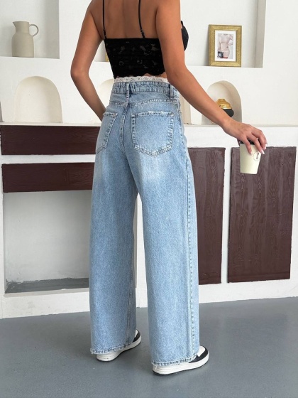 Blugi wide leg cu broderie la talie - Img 3