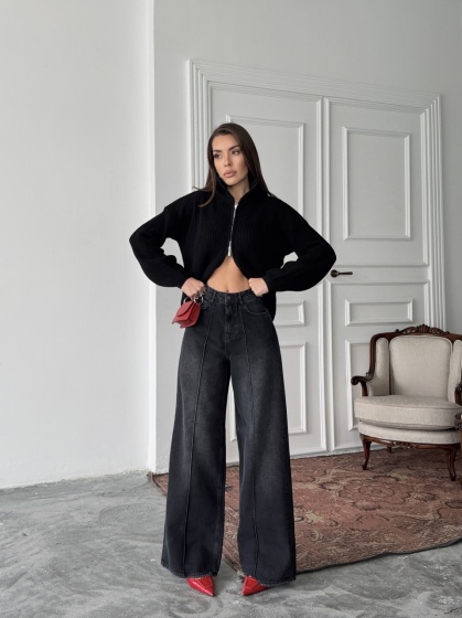 Blugi wide leg cu dunga pe mijloc - Img 4