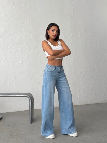 Blugi wide leg cu inserții roz - Img 2