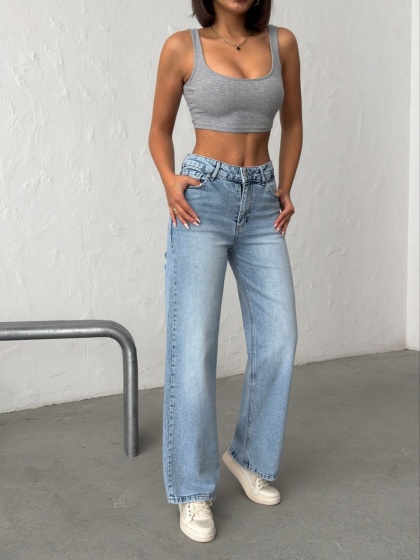 Blugi wide leg cu inserții roz - Img 2