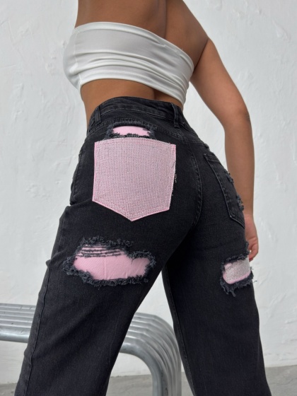 Blugi wide leg cu inserții roz