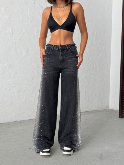 Blugi wide leg cu strasuri pe lateral - Img 2