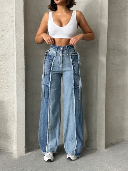 Blugi wide leg cu talie inalta si desing patchwork - Img 1