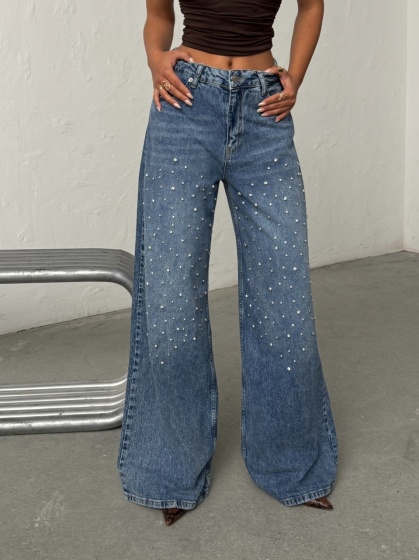 Blugi wide leg din denim cu detalii strălucitoare
