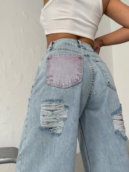 Blugi wide leg din denim cu rupturi pe posterior