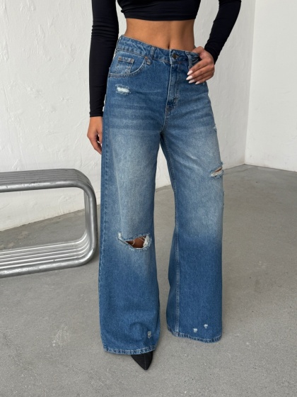 Blugi wide leg din denim cu rupturi