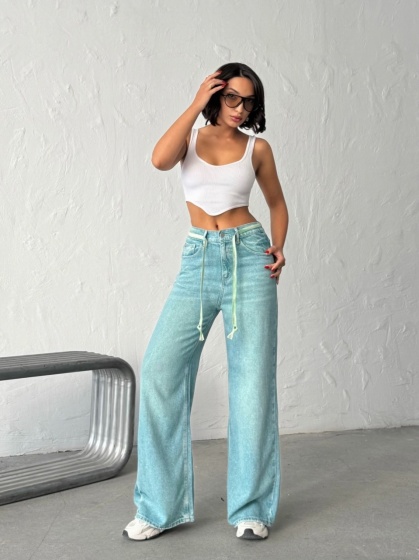 Blugi wide leg subtiri cu siret in talie - Img 4