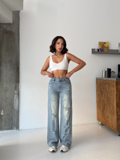 Blugi wide leg usor elastici accesorizati cu strasuri - Img 6