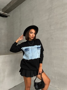 Bluza din bumbac si detaliu din denim - Img 3