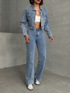 Compleu elastic din blugi cu insertii in material