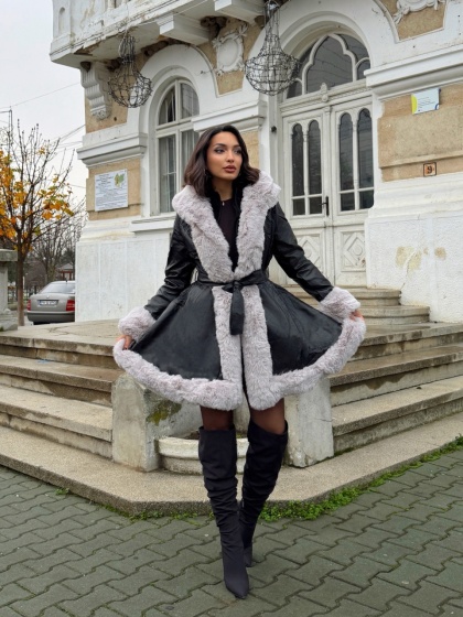 Geaca lunga din imitatie de piele cu blana artificiala
