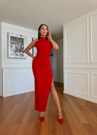 Rochie eleganta cu detalii florale si slit pe picior - Img 2