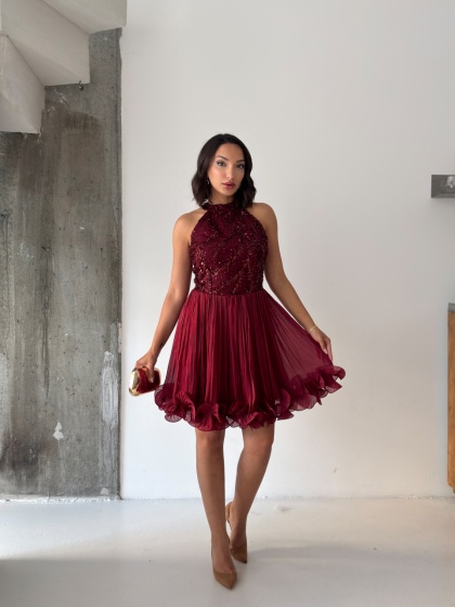 Rochie eleganta din satin creponat accesorizata cu paiete - Img 3