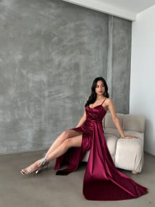 Rochie eleganta din satin lunga cu bretele - Img 1