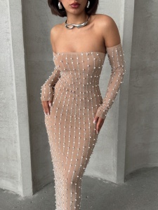 Rochie eleganta din tul cu maneci detasabile accesorizata cu perle si strasuri - Img 1