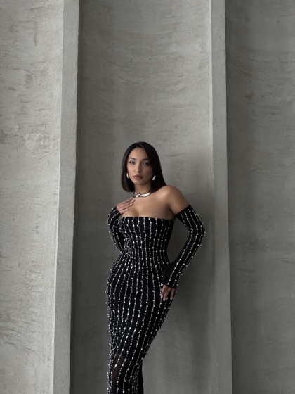Rochie eleganta din tul cu maneci detasabile accesorizata cu perle si strasuri - Img 5