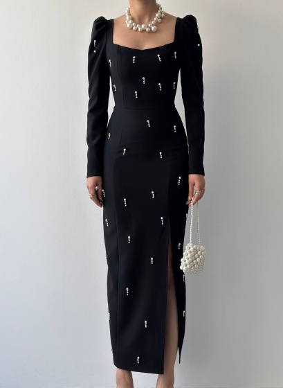 Rochie eleganta lunga accesorizata cu perlute - Img 2