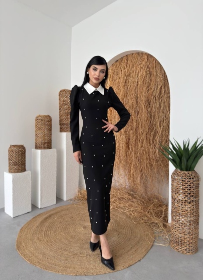 Rochie eleganta lunga accesorizata cu perlute - Img 3