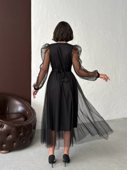 Rochie eleganta lunga cu accesoriu in talie din tull - Img 3