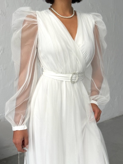 Rochie eleganta lunga cu accesoriu in talie din tull - Img 1