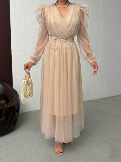 Rochie eleganta lunga cu accesoriu in talie din tull - Img 3