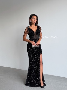 Rochie eleganta lunga cu paiete si lantisoare pe umeri - Img 6