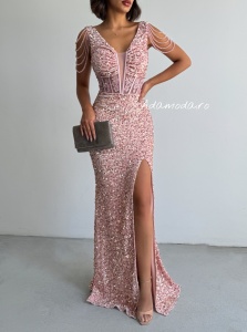 Rochie eleganta lunga cu paiete si lantisoare pe umeri - Img 1