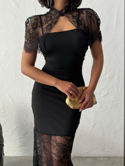 Rochie eleganta lunga din dantela cu accesoriu pe umeri