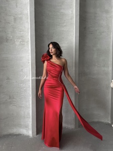 Rochie eleganta lunga din satin cu accesoriu pampon - Img 3