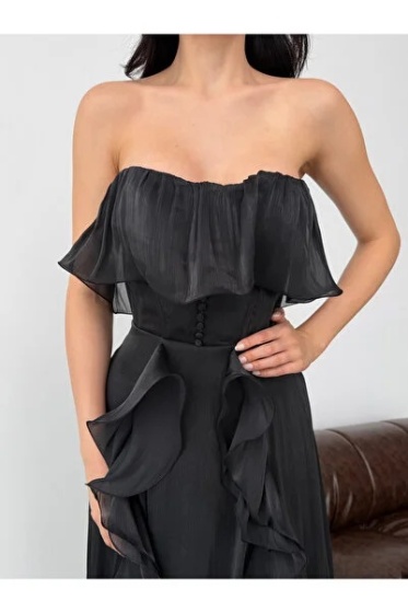 Rochie eleganta lunga din satin cu detalii volane - Img 3