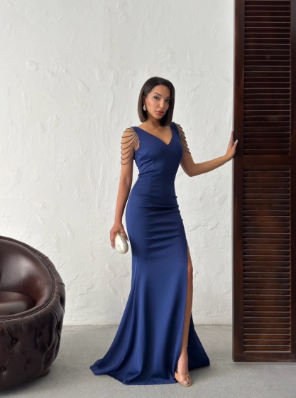 Rochie eleganta lunga tip sirena accesorizata cu lantisoare - Img 6